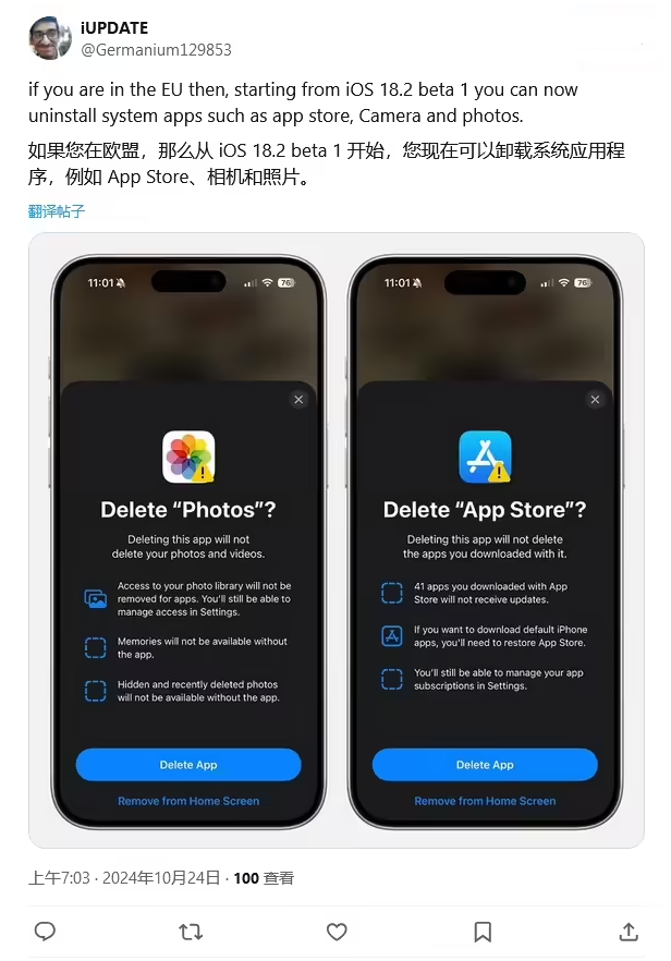 带岭苹果手机维修分享iOS 18.2 支持删除 App Store 应用商店 