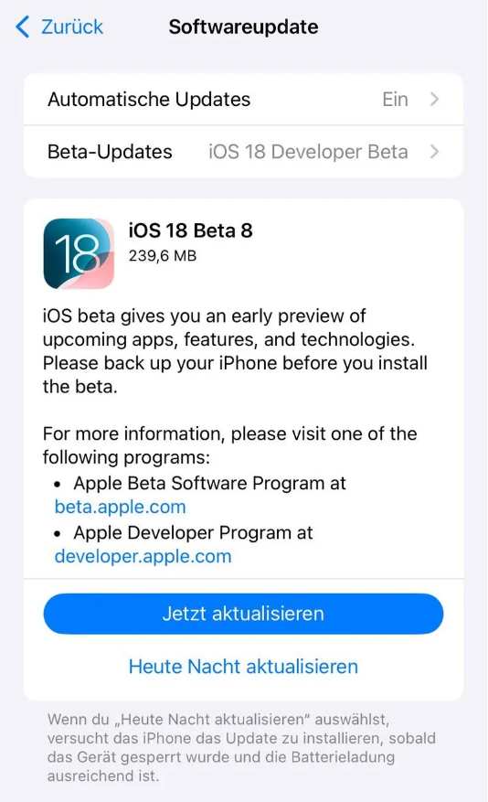 带岭苹果手机维修分享苹果 iOS / iPadOS 18 开发者预览版 Beta 8 发布 